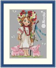 Higher Cotton Top Quality Beautiful Lovely Counted Cross Stitch Kit Little Girl and Three Pink Pig Piggy 2024 - buy cheap