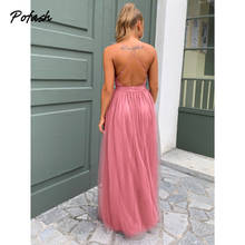 Pofash Mesh Pink Backless Summer Dress Women Spaghetti Strap V Neck Maxi Long Dresses Female Elegant Evening Party Vestido 2021 2024 - buy cheap