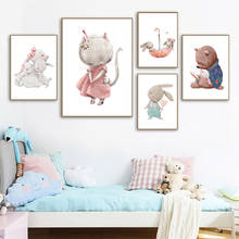 Arte em tela de coelho urso e coelho para decoração de quarto infantil, pôster de bebês, pintura de flores, animais, parede, arte nórdica 2024 - compre barato