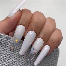 Unhas falsas de caixão de borboleta branca, 24 pçs, degradê a laser, estrela, decalque, cobertura completa, bailarina, arte, acessórios para manicure 2024 - compre barato