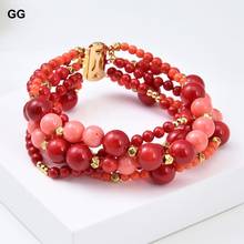 GuaiGuai ювелирные изделия 5 рядов 8 ''круглый красный розовый коралловый браслет для женщин 2024 - купить недорого