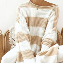 Повседневный негабаритный полосатый свитер для женщин осень 2019 Новый рукав летучая мышь Свободный пуловер зимний вязаный Дамский Джемпер белый 2024 - купить недорого
