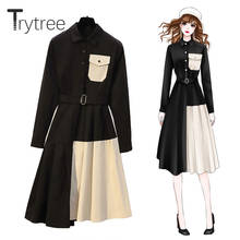 Trytree Autumn Winter Casual Woman Dress Turn-down Collar Belt Pockets Patchwork A-Line Apricot Hem Office Lady Shirt Dress 2024 - buy cheap