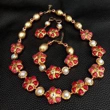 Y·YING Romantic Fashion Jewelry Red Agate Flower Cultured White Pearl Gold plated Necklace Bracelet Earrings Sets 2024 - buy cheap