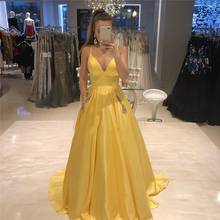 New Fashion V-neck Long Prom Dresses Pockets A-line Yellow Satin Formal Party Dress For Sweet 16 Girls Vestidos De Prom Gowns 2024 - buy cheap