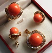 Free shipping   wholesale noble jewelry set 18KGP+12-14mm orange shell pearl,ring, pendant & stud earring jade 2024 - buy cheap