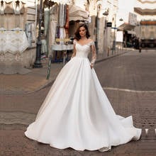 Long Sleeves Wedding Dresses 2021 O Neck Back Button Wedding Gowns Satin Appliques Bridal Dress vestido de noiva with Pockets 2024 - buy cheap