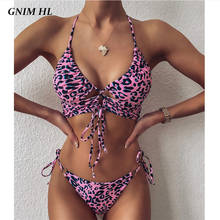 Gnim-biquíni feminino de verão 2020, estampa de leopardo, duas peças, roupa de praia, halter, corte alto, biquíni brasileiro 2024 - compre barato