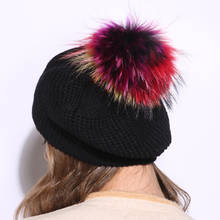 Women Wool Black Knit Beret Hats With Colorful Real Fur pompom New Casual Winter Fur Ball Beaneis Hats For Ladies Girls Gorros 2024 - buy cheap