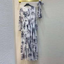 Women Runway Fashion Long 2021 Designer Spring Summer Flower Print Sashes Elegant Party Holiday Dress 2024 - buy cheap