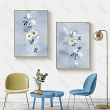 Home Decoration White Flowers and Flower Vines On Blue Background Poster Canvas Painting Bedroom Living Room Home Wall Art 2024 - buy cheap