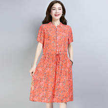 Floral Cotton Linen Shirt Dress 2021 New Summer Single Breasted Lace Up Women Midi Dress Short Sleeve Elegant Beach Dress 2024 - buy cheap