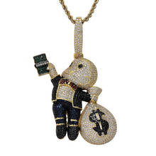 Colar de pingentes e joias de rapper, colar masculino de zircônio cz completo com brilho, anjo indicado para dinheiro, cor dourada 2024 - compre barato