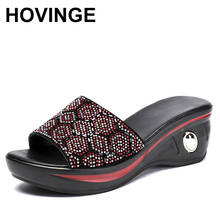 HOVINGESlippers-zapatos de cuero auténtico con diamantes de imitación para mujer, Sandalias de tacón con cuñas a la moda, talla grande 35-41 2024 - compra barato
