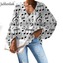 Jackherelook-Blusa holgada de manga larga con cuello en V para mujer, ropa de playa con estampado de notas musicales y tiza, para verano 2024 - compra barato