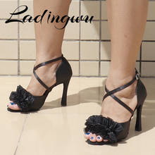 Ladingwu Ballroom Party Dance Shoes Women Black Silk flower Satin  Soft Bottom Latin Dance Shoes Woman Salsa Wedding shoes Heels 2022 - buy cheap