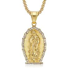Hip Hop Rhinestones Paved Bling Iced Out Gold Color Stainless Steel Virgin Mary Pendants Necklaces for Men Women Jewelry 2024 - buy cheap