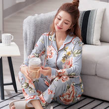 Outono inverno conjuntos de pijamas femininos flor impressão luxo feminino duas peças camisas + calças camisola de algodão macio sleepwear mais tamanho 2024 - compre barato