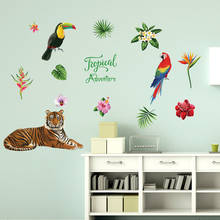 Adesivo de parede de plantas verdes e tigre, papagaio, pássaros, papel de parede para quartos das crianças, berçário, decoração de casa, quarto, arte de escritório, mural 2024 - compre barato