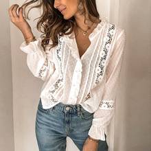 Blusa blanca de manga larga con bordado de flores para mujer, camisa informal ajustada con cuello levantado, ropa de primavera, 2021 2024 - compra barato