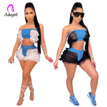 Off Shoulder Women 2 Piece Set Lace Stitching Crop Top + High Waist Denim Shorts Sexy Club Party Outfit Fitness Femme Activewear 2024 - buy cheap