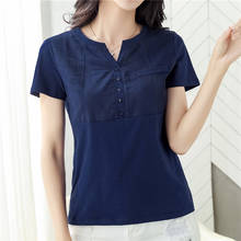 Blusa feminina de manga curta e pescoço em v, camiseta feminina slim, de algodão, branca, rosa, grann, plus size, 2021 2024 - compre barato