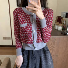 Woman Sweaters Cardigan Pearl Buckle Coat Houndstooth Knitted Cardigan Coat 2024 - buy cheap