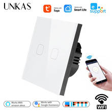 UNKAS-Interruptor táctil para luz de pared, dispositivo con Control de voz, Alexa, Google Home, estándar europeo, Tuya / Smart Life/Ewelink, 2 entradas, 1 vía, WiFi 2024 - compra barato