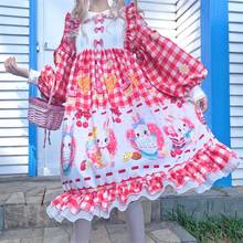 Vestido japonês macio de lolita, vestidos retrô para meninas com gola peter pan, manga flare, laço fofo plissado, desenhos animados 2024 - compre barato
