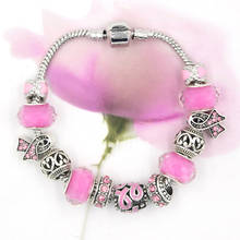 10 pçs diy estilo europeu rosa fita grânulo câncer de mama rosa fita pulseira caber pandr pulseira para jóias femininas 2024 - compre barato