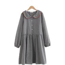 Mori vestido sweet feminino, vestido para meninas com gola peter pan xadrez e manga longa, casual kawaii 2024 - compre barato