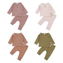 2021 New Spring 0-24M Baby Boy Girl 2Pcs Set Solid Color Long Sleeve Button Top+Bow Elastic Waist Pants Toddler Clothes 4 Types 2024 - buy cheap