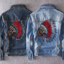 Fashion Streetwear Men Jackets Retro Blue Indian Totem Embroidery Ripped Denim Jacket Men Coats Designer Hip Hop Chaqueta Hombre 2024 - buy cheap