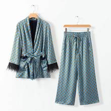 Chaqueta Kimono con estampado azul para mujer, ropa Vintage, con mangas de pluma, pantalones cuasales holgados de pierna ancha, 2020 2024 - compra barato