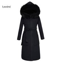 Black Woolen Coat Winter Women Jacket New Fashion With Fur Collar Hooded Outerwear Mid Long Slim Female Blends Coats 2024 - buy cheap