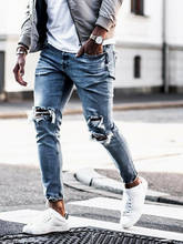 Мужские рваные обтягивающие джинсы с принтом в горошек, потертые облегающие джинсовые брюки, повседневные мужские облегающие черные джинсы на молнии с дырками 2024 - купить недорого