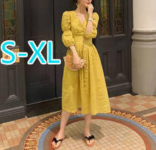 Korean Women Summer Cotton Linen Sexy V Neck Long A-line Dress Female Elegant Lantern Sleeve Vestidos 2021 New 2024 - buy cheap