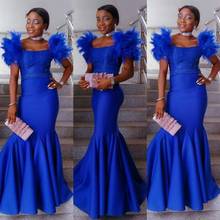 Aso Ebi Evening Gowns abiye Custom Made Mermaid Royal Blue Beads Africa Formal Dresses Feather robe de soiree abendkleider 2024 - buy cheap