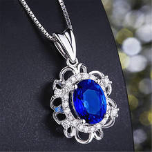 Blue crystal sapphire gemstones zircon diamonds pendant necklaces for women 18k white gold silver color choker jewelry bijoux 2024 - buy cheap
