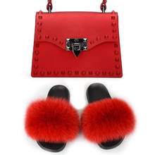 Women Shoes Real Fox Fur Slides And Bags Extra Fluffy Furry Slippers With Purses Comfortable Luxury Sandals And Purse Set Summer 2024 - buy cheap