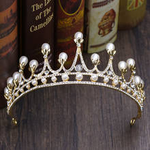 Tocado de corona de boda con diamantes de imitación, banda para la cabeza con perlas, corona dorada, corona de princesa, tocado, accesorios para el cabello de novia, Tiara 2024 - compra barato