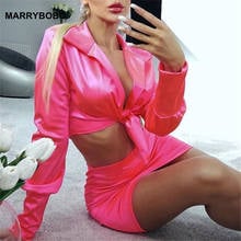 Women Satin 2 Two Piece Set 2020 Summer Sexy High Waist Skirt Lady Set Casual V-Neck Long Sleeve Crop Tops And Mini Skirt Sets 2024 - buy cheap