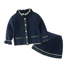 New Winter 2021 Girls sweater suits 2 3 4 5 6  little girl Knit Cardigan jacket + Pleated Skirt baby kids college Navy Blue Set 2024 - buy cheap