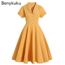 Summer Solid Yellow 50s 60s Vintage Dress Women Short Sleeve Notched Collar Button Up Elegant Office Party Dresses Robe Femme 2024 - buy cheap