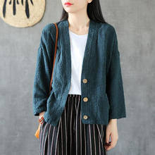 2020 Spring Autumn Women Loose Casual V-neck Short Coats Double Pocket Cotton Linen Vintage Coat Jackets Femme Tops M153 2024 - buy cheap