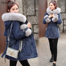 Luzuzi-casaco jeans feminino espesso com capuz, jaqueta folgada, quente, casual, coreana, casaco de inverno 2021 2024 - compre barato