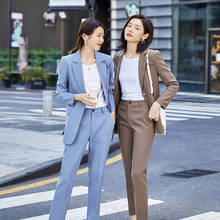 Terno formal feminino, conjunto com duas peças de roupa para escritório, calça formal, para negócios, entrevista, roupa de trabalho, blazer preto e azul 2024 - compre barato