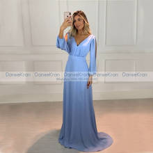 Dusty Blue Full Sleeves Prom Dresses 2021 V-Neck Long Chiffon Formal Evening Dresses For Wedding Party robe de soirée de mariage 2024 - buy cheap