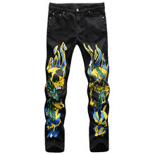 Fashion Men's Jeans Stretch Slim Fit 3D Color Print Black White Trousers Flame Skull Graffiti Street Men Denim Pants Jean Homme 2024 - buy cheap
