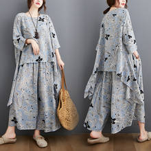 Plus Size Women Two Piece Set Clothing Indie Folk Floral Oversize Elegant Lady Tops Shirt Linen Loose Pants Summer 2021 2024 - buy cheap